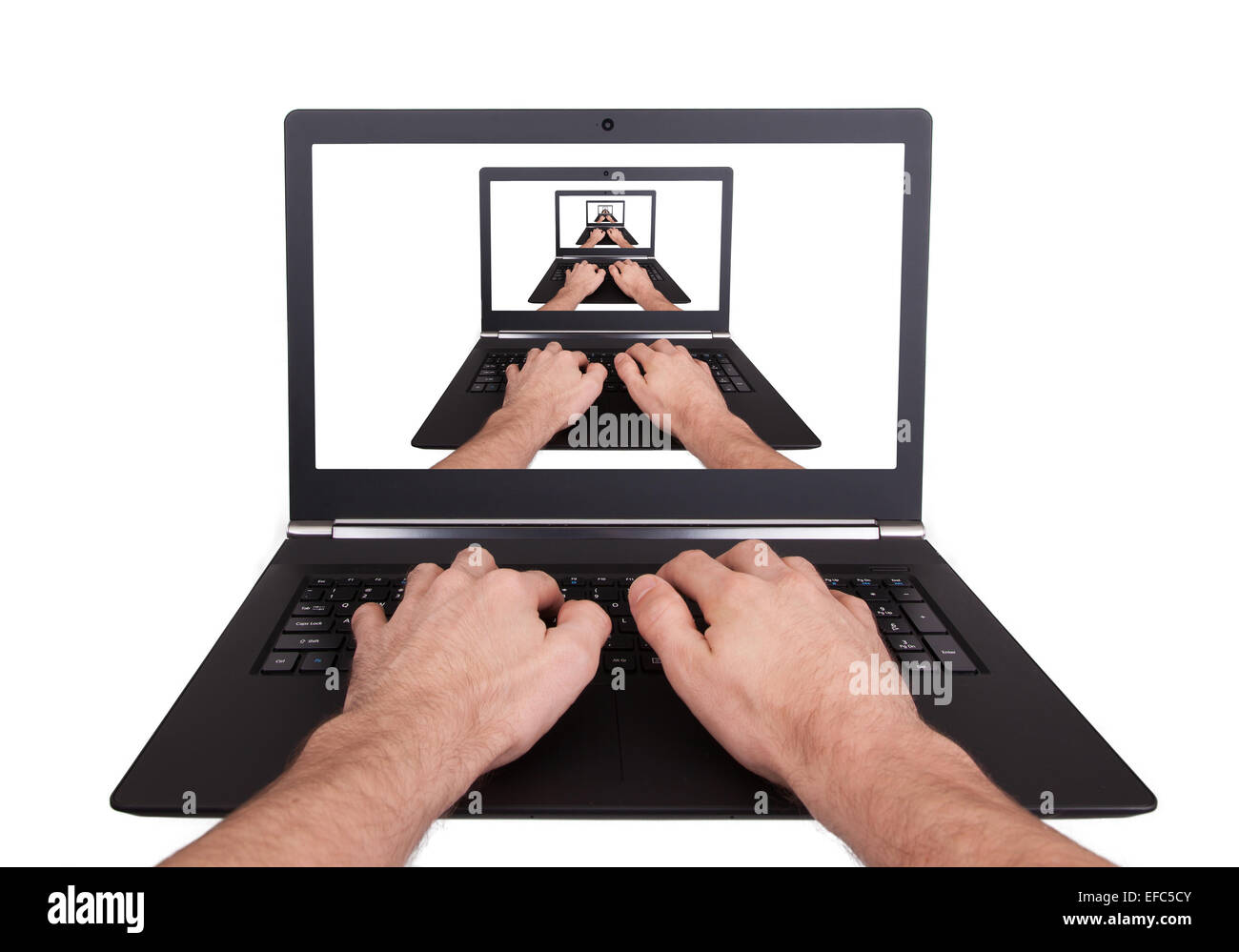 Mann arbeitet am Laptop, visuelle Magie, isoliert Stockfoto