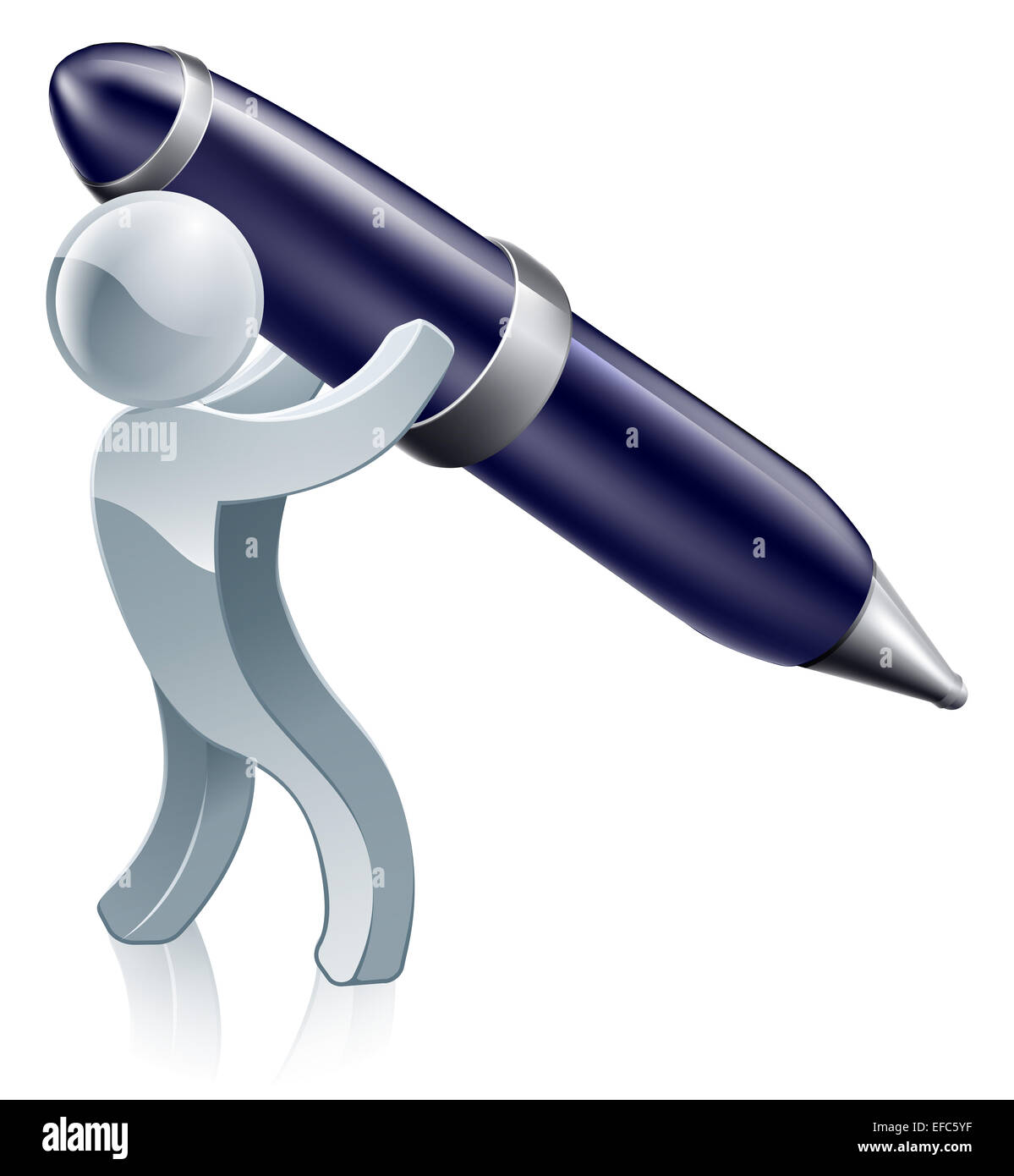 Abbildung einer silbernen Person schriftlich mit einer großen Feder Stockfoto