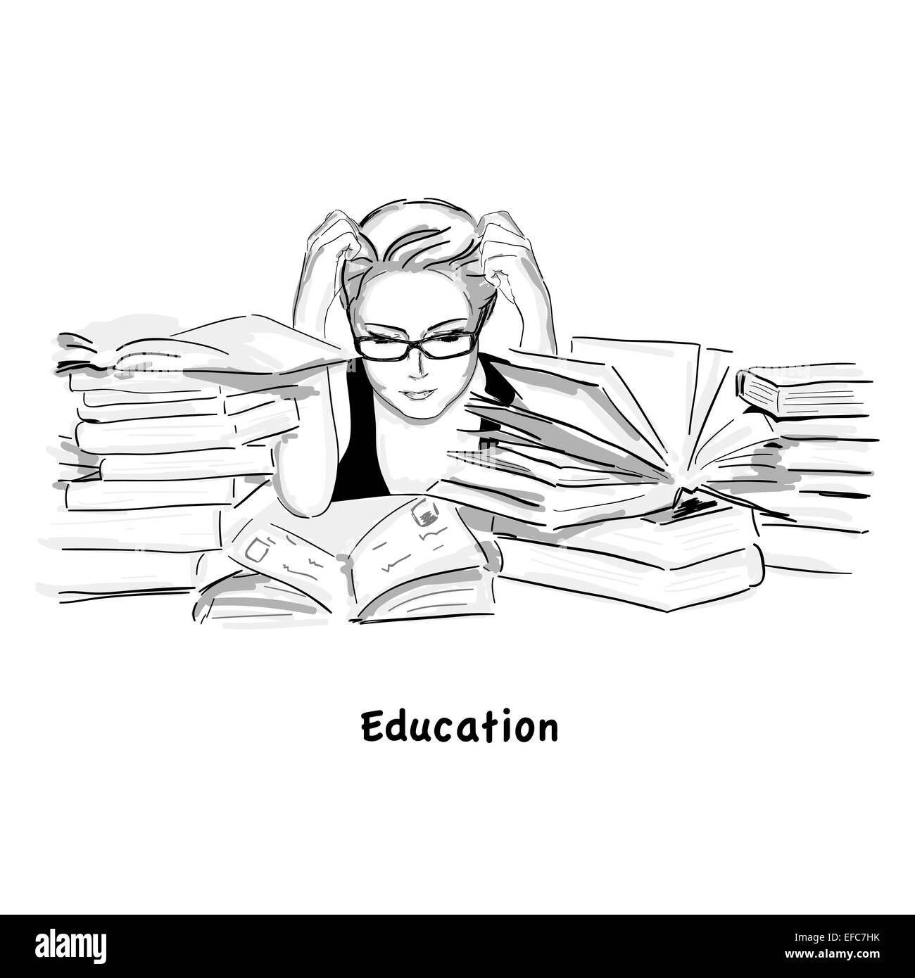 Handgezeichnete Abbildung, Mädchen, die Lektüre des Buches in der Bibliothek Stockfoto