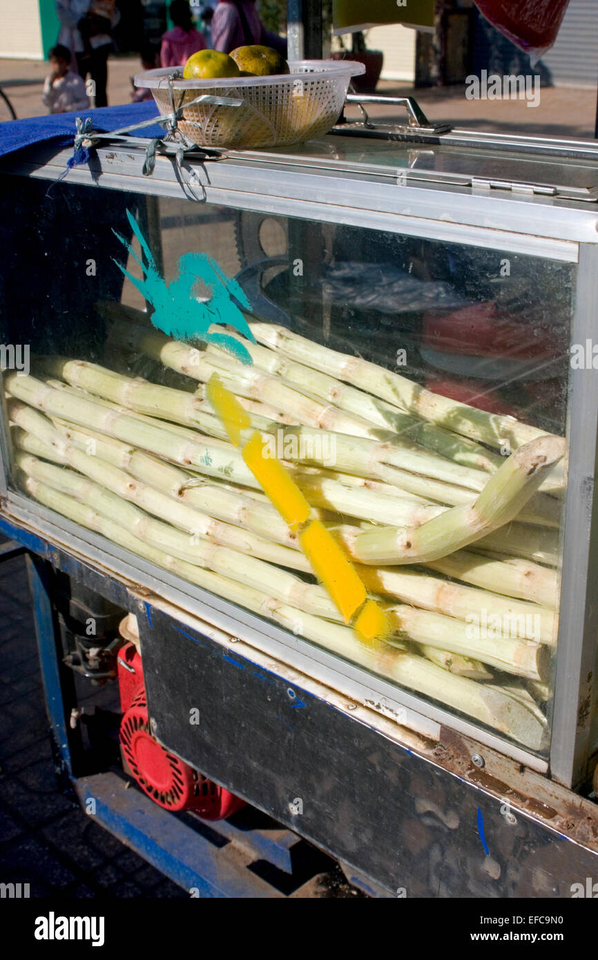 Zuckerrohr wird in einem Glaskasten auf einem mobilen Lebensmittel-Wagen auf einer Stadtstraße in Kampong Cham, Kambodscha eingeschlossen. Stockfoto