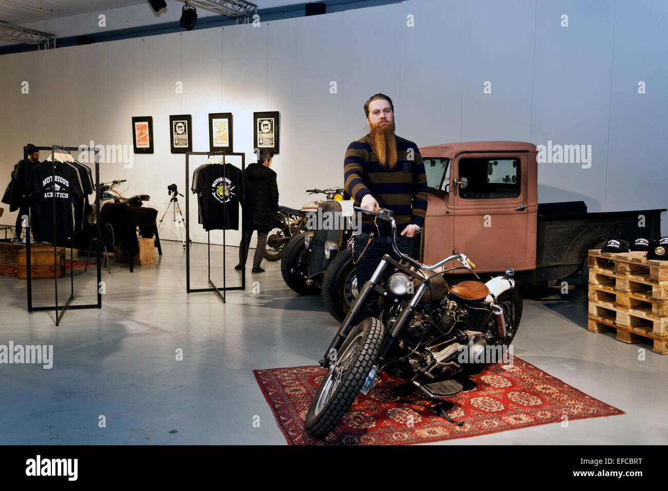 Kopenhagen, Dänemark: 30. Januar 2015: Vintage Mode für Biker am CIFF Raven.  Firma MOTORIOUS ist alles über klassische Radtouren und über den letzten  Jahren sie umgezogen aus alten Fahrrädern und teilen diese