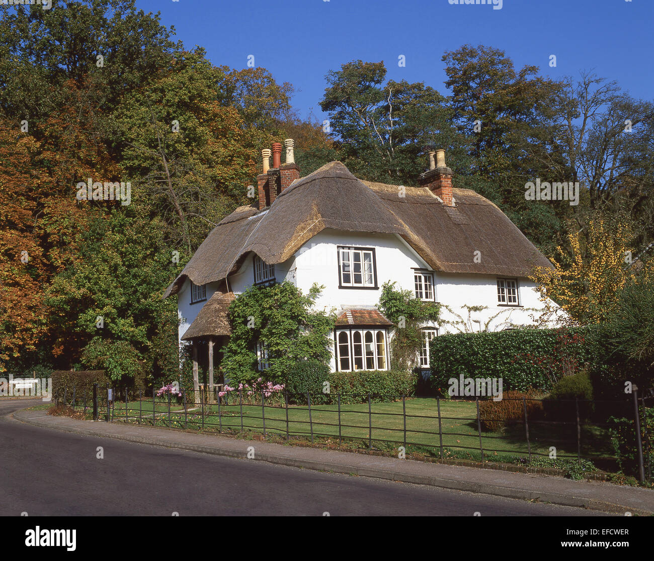 Ferienhaus am Swan Grün im Herbst, Lyndhurst, New Forest, Hampshire, England, Vereinigtes Königreich Stockfoto