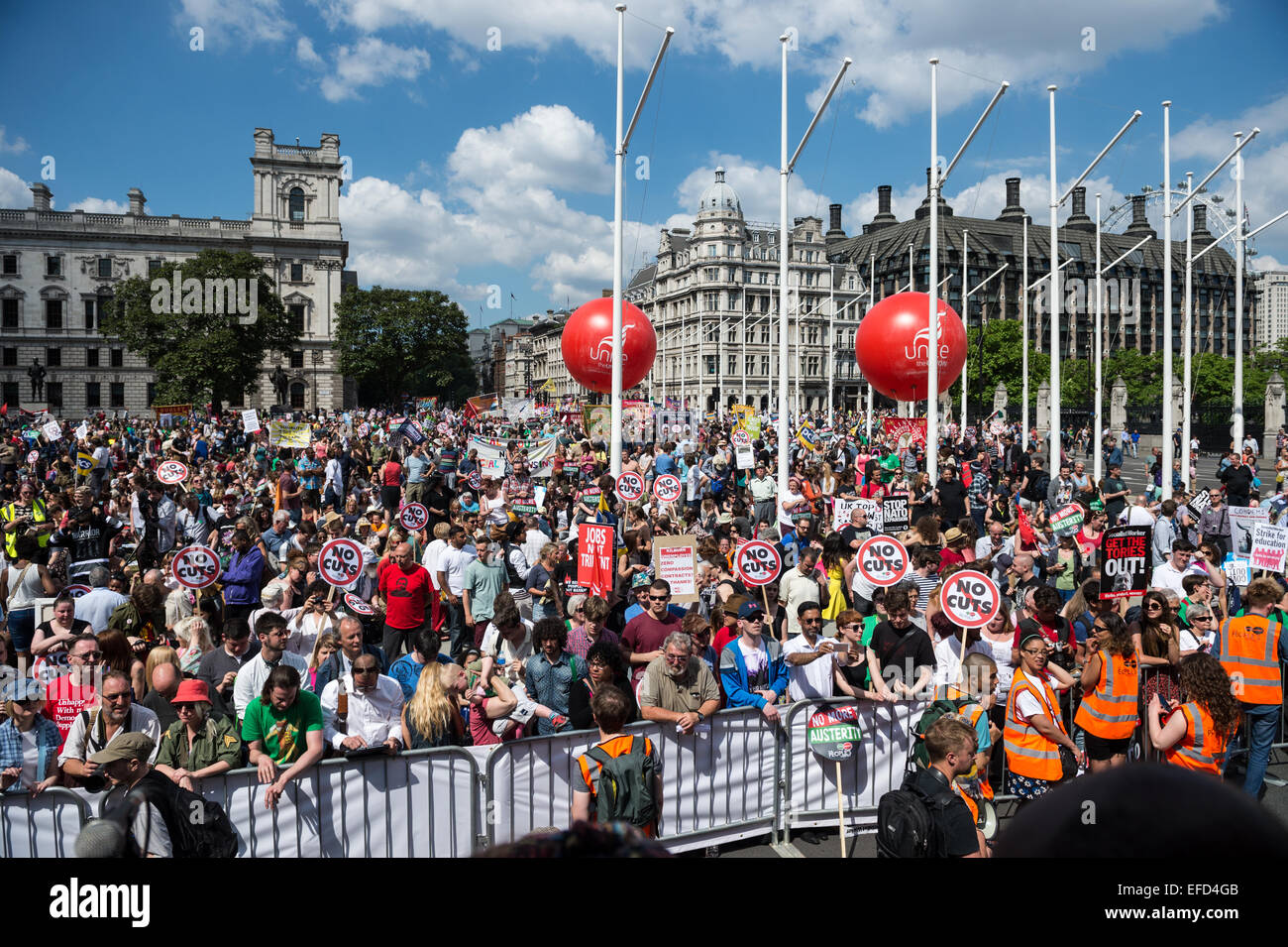 Demonstranten auf das Volk Montage Demonstration gegen Sparmaßnahmen, London, 21. Juni 2014 Stockfoto