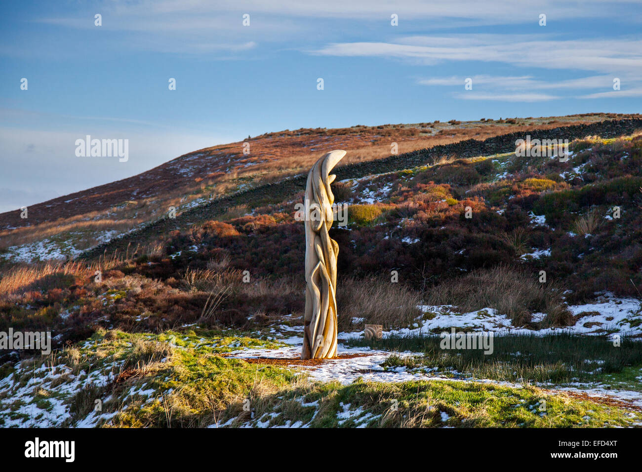 Skulptur auf Jeffreys Hill in der Nähe von Longridge in Lancashire, Preston, Großbritannien Winterwetter im Januar. Der Sonnenfänger von Halima Cassell hat eine geschnitzte Holzstatue mit Wahrzeichen geschnitzt, die auf das Vale of Chipping und die Fjells des Forest of Bowland blickt. Der Stamm einer 150 Jahre alten Eiche wurde in einer Serie von vier temporären Künstleraufträgen für ambitionierte Arbeiten in der Landschaft verwendet, die auf einige der beliebtesten Orte rund um den Forest of Bowland reagieren. Die Kommissionen sind Teil von Bowland Revealed und feiern 50 Jahre Forest of Bowland als ein Gebiet von herausragender natürlicher Schönheit. Stockfoto
