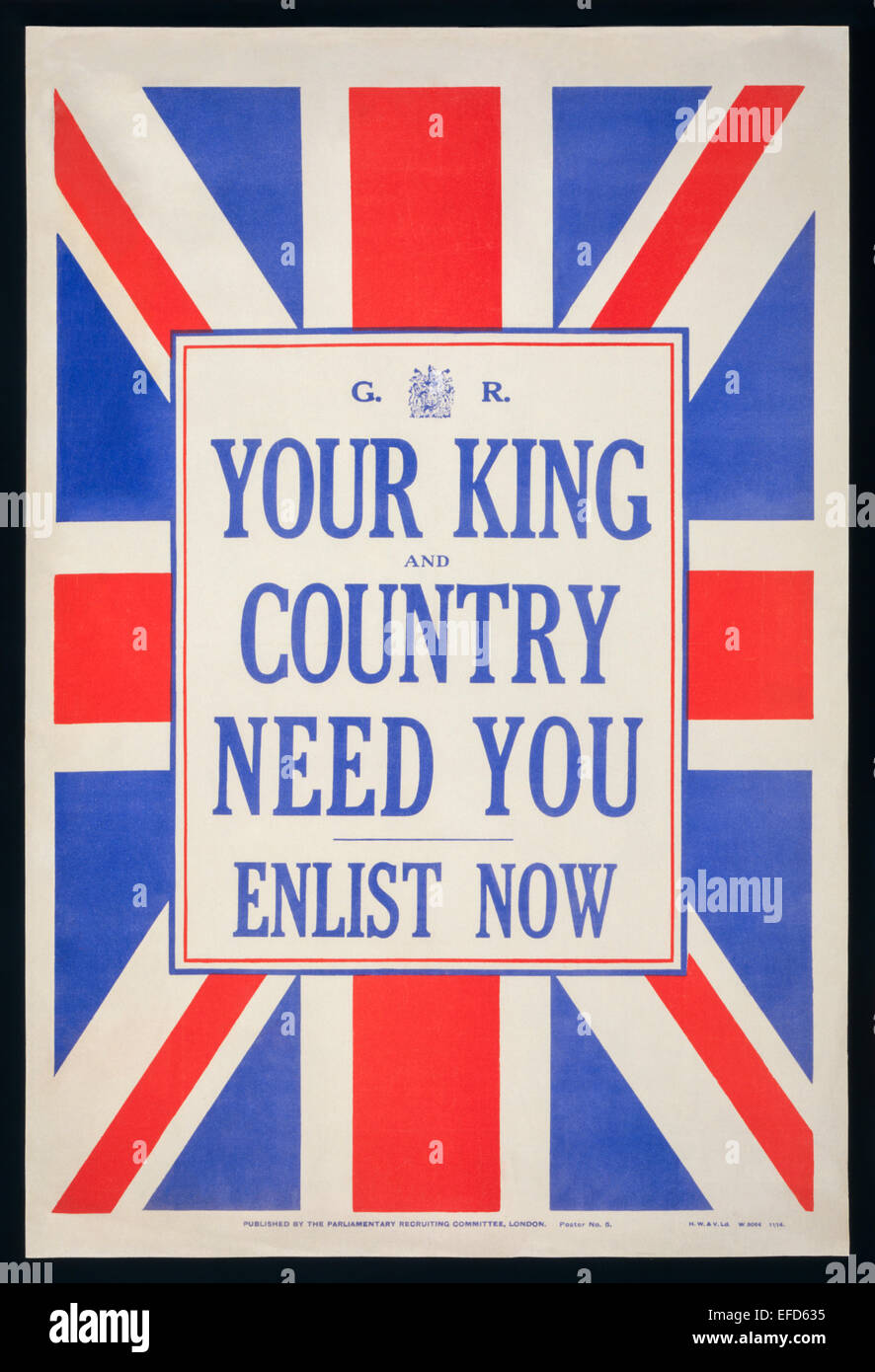 "Ihr König und Vaterland brauchen Sie - jetzt eintragen" parlamentarischen Recruiting Committee Poster Nr. 5, 1914. Siehe Beschreibung für mehr Informationen. Stockfoto