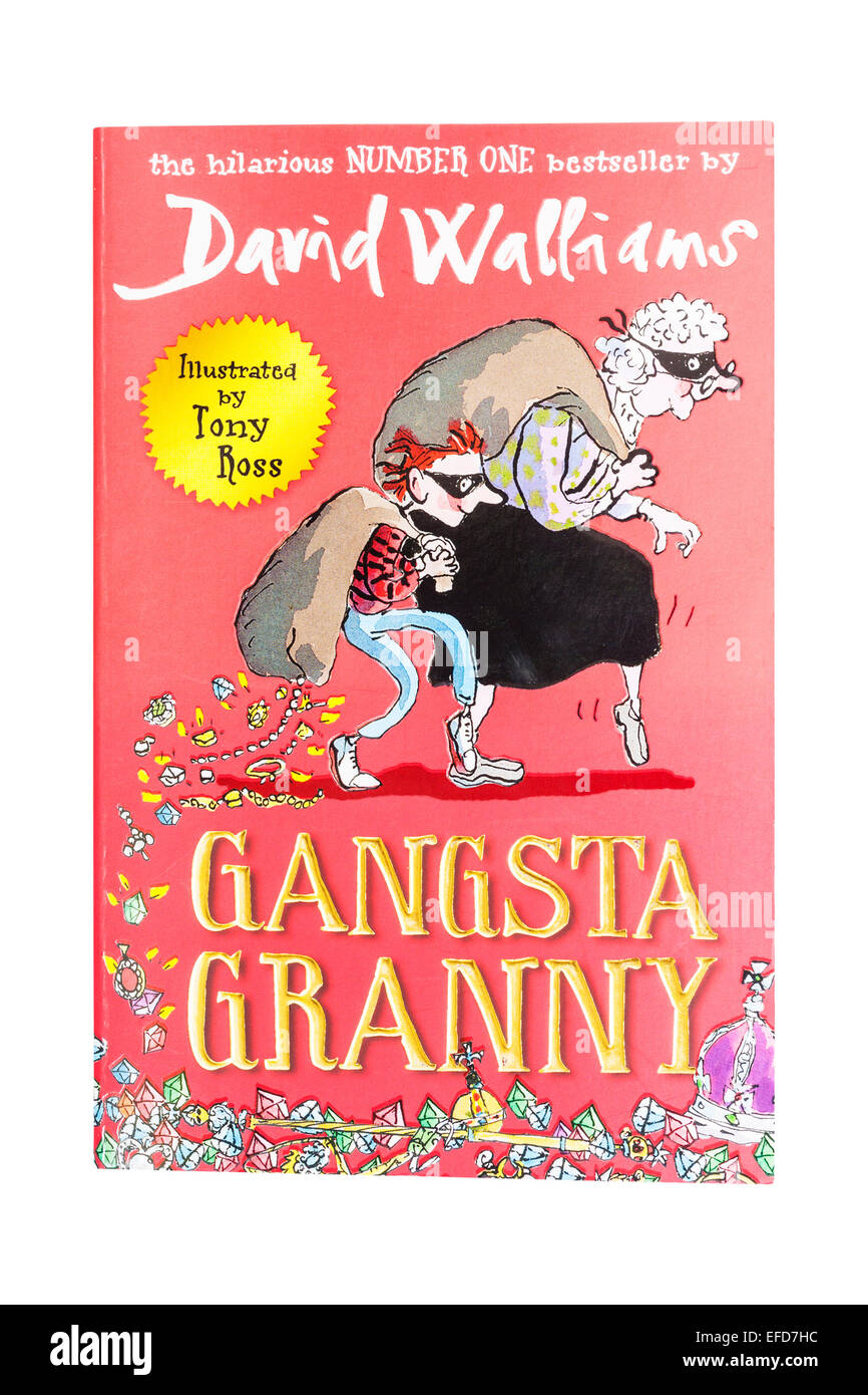 Das Buch mit dem Titel Gangsta Oma geschrieben von David Walliams auf weißem Hintergrund Stockfoto