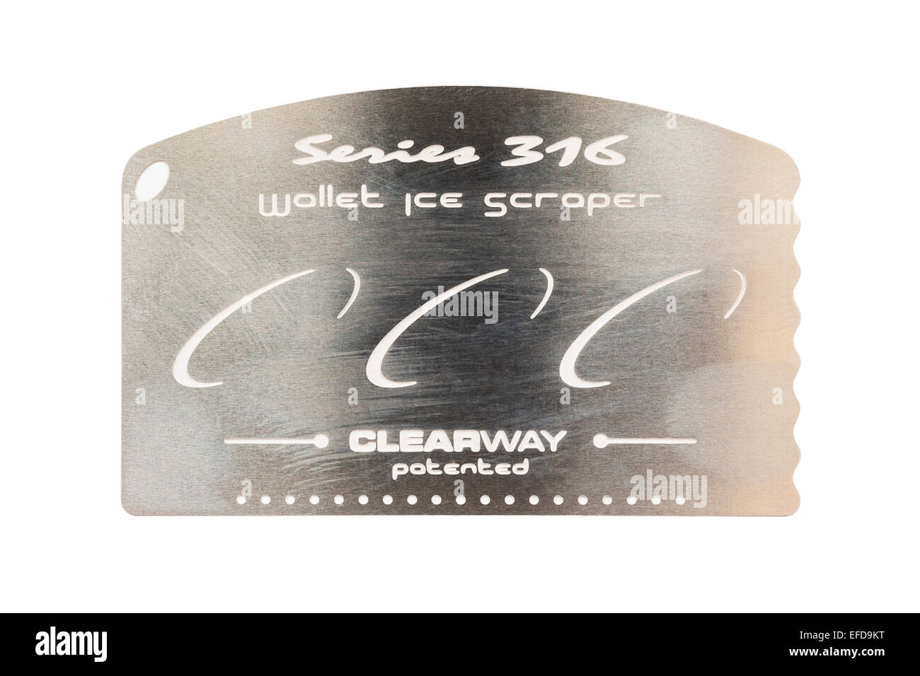 Eine Brieftasche Eiskratzer für Schaben Eis aus Ihrem Auto Windschutzscheibe auf weißem Hintergrund Stockfoto