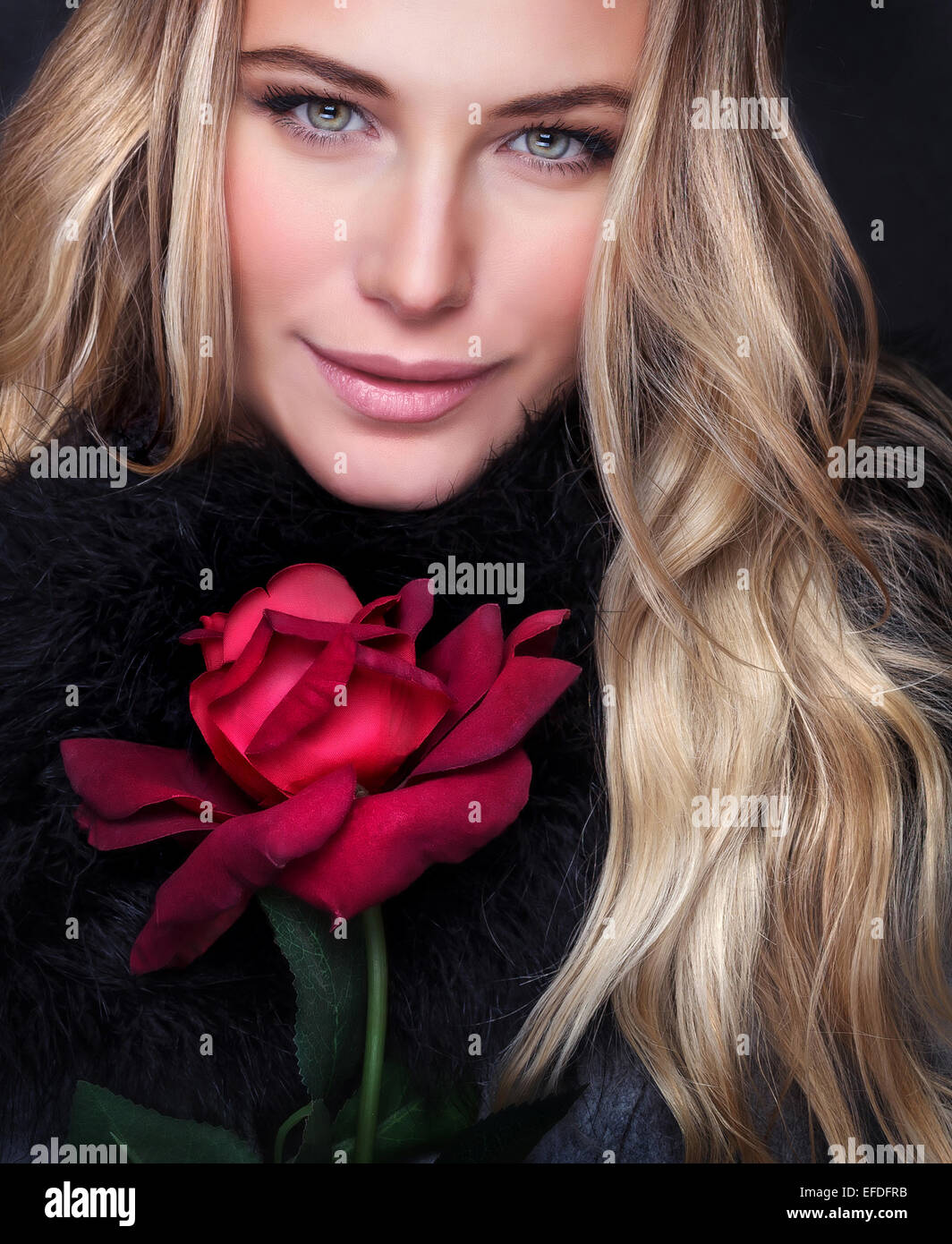 Closeup Portrait schöne Luxus Frau mit roter rose, perfektes Make-up, Fashion-Look, Valentinstag, Liebe und Leidenschaft-Konzept Stockfoto