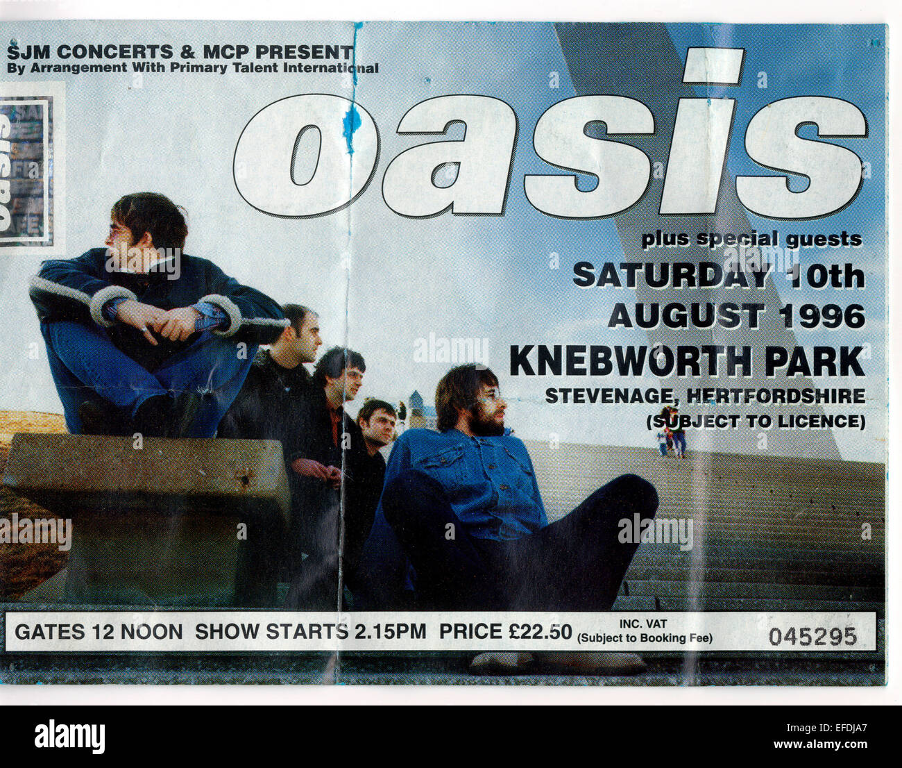Verwendet Oasis Konzert Ticket Stub aus Knebworth Park, Stevenage, Hertfordshire, Großbritannien - Samstag, 10. August 1996. Stockfoto