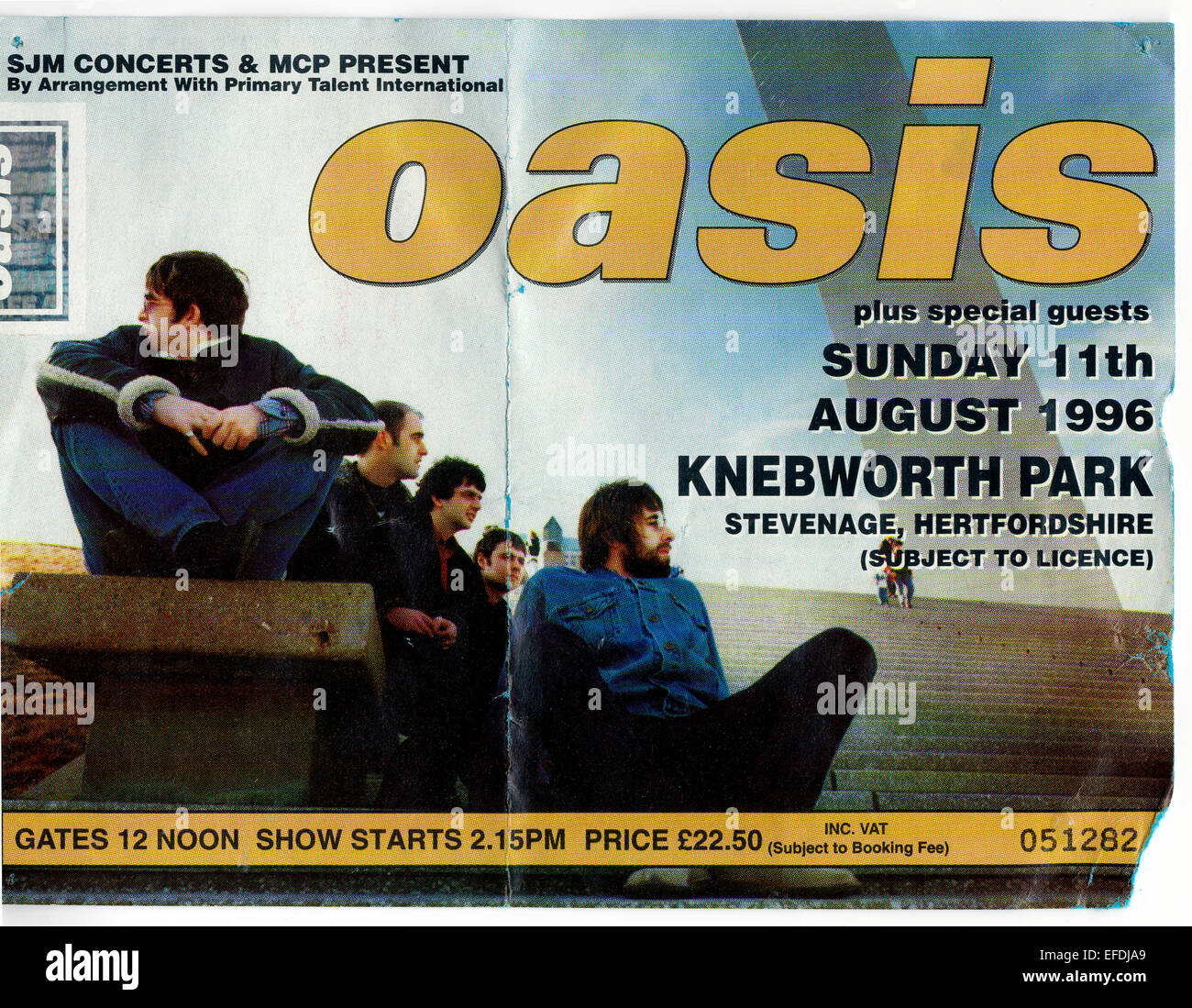 Verwendet Oasis Konzert Ticket Stub aus Knebworth Park, Stevenage, Hertfordshire, Großbritannien - Sonntag, 11. August 1996. Stockfoto