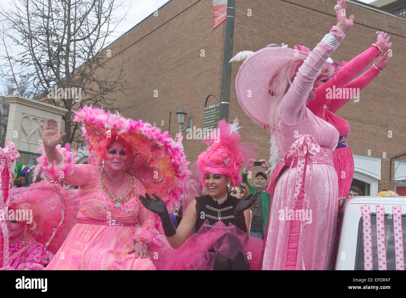 Rüschen kostümierten Southern Belle alles in Rosa mit rosa Haut Fahrt und winken Zuschauern während der Asheville, NC-Karneval parade Stockfoto