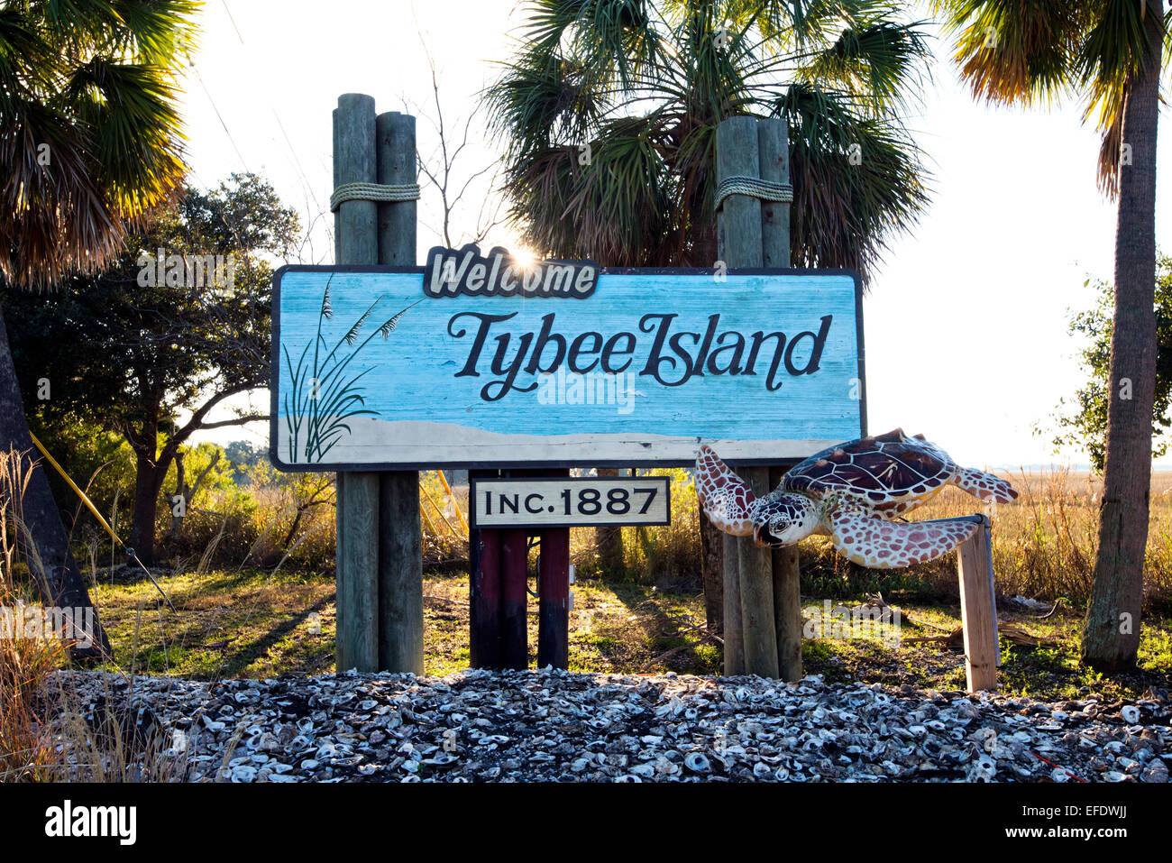 Willkommensschild für Tybee Island, Georgia Stockfoto