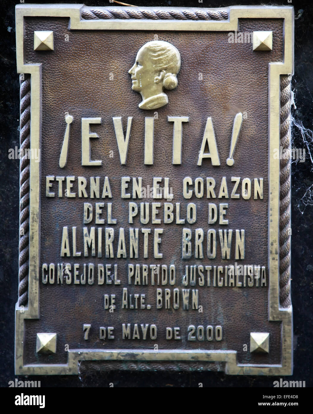 Evita Plaque, Duarte Familie Mausoleum (Grabstätte der Evita), Friedhof La Recoleta, Buenos Aires, Argentinien Stockfoto