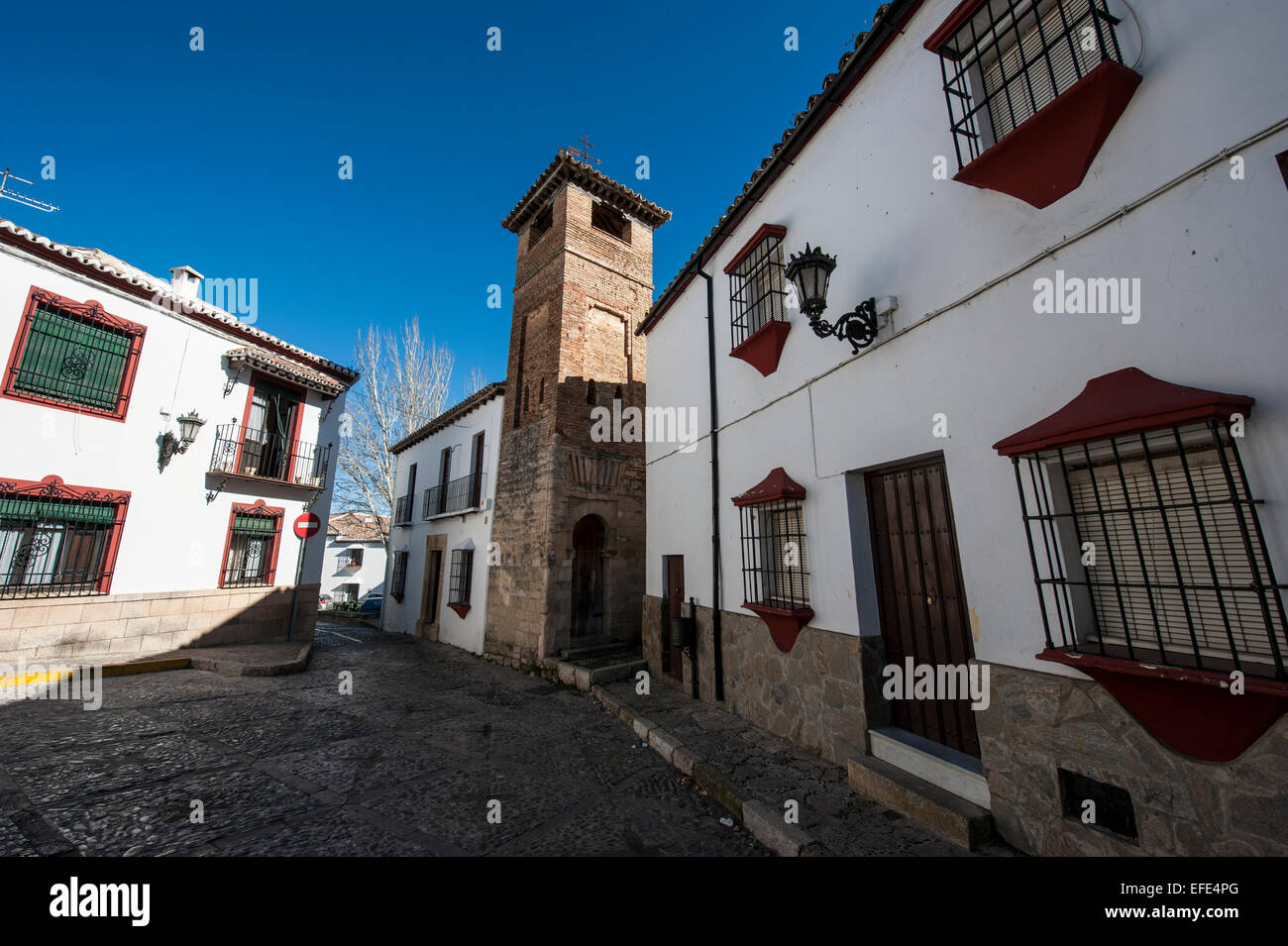 Minarett, die San Sebastian Kirche in Ronda, Andalusien, Spanien. Stockfoto