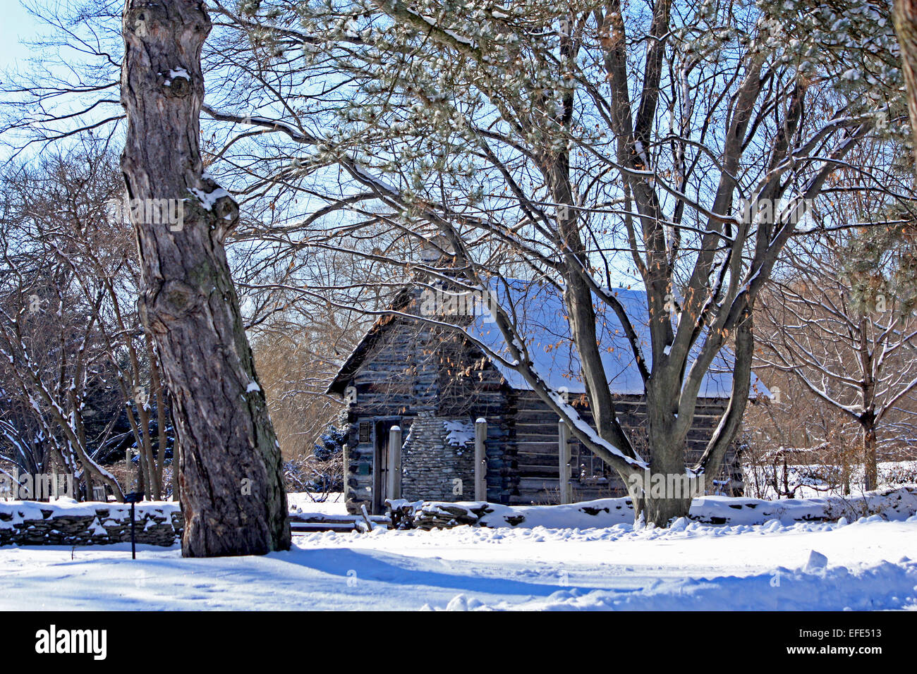 Blockhaus, umgeben von Bäumen an einem sonnigen kalten Schnee bedeckten Tag Stockfoto