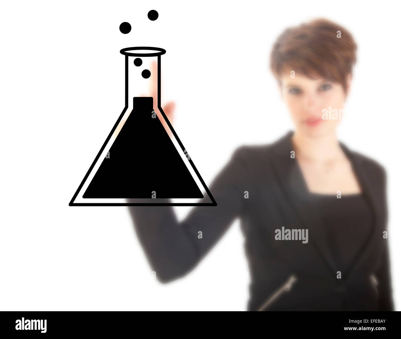 Junge Studentin mit Wissenschaft Rohr isoliert auf weißem Hintergrund Stockfoto