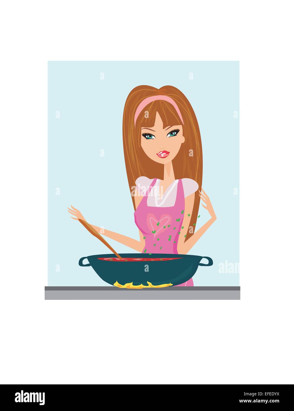 Schöne Dame Suppe kochen Stock Vektor