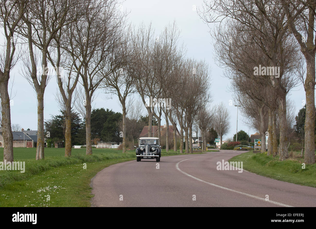 1930er Jahren vor Krieg Frankreich fahren Urlaub - britische 1939 Hillman Minx Laufwerke auf einer von Bäumen gesäumten französische Straße, in Jahrzehnten unverändert. Stockfoto