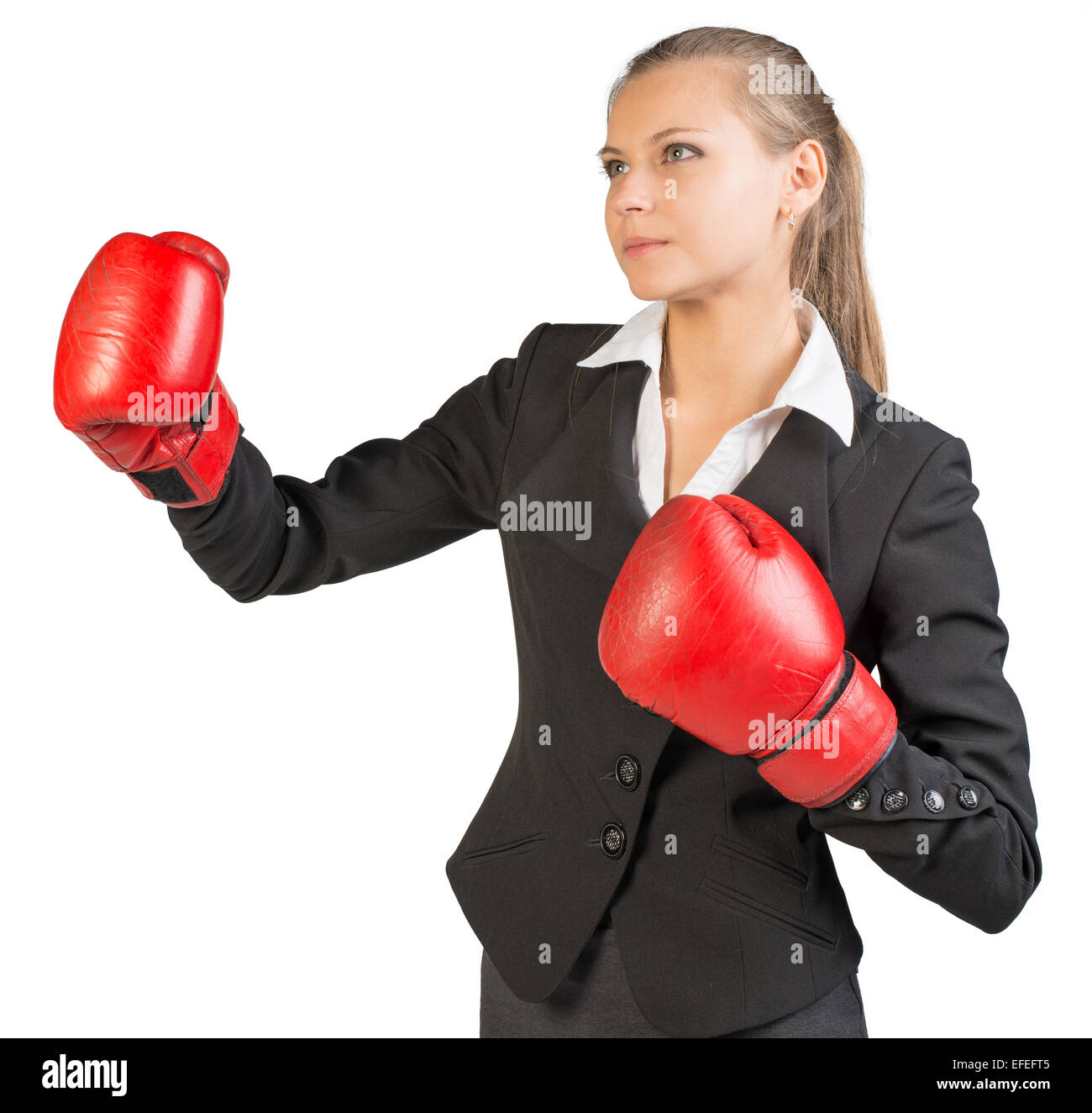 Geschäftsfrau tragen Boxhandschuhe, ihre Lippen trennten sich Stockfoto