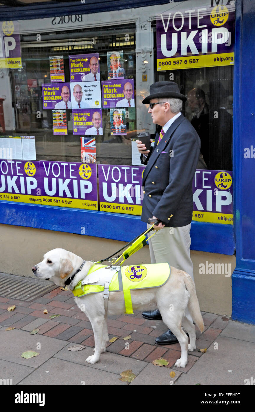 Alun J Elder-Braun "Die Blind-Blogger" - Vorsitzender und Schriftführer der UKIP, Tunbridge Wells. In Rochester mit seinem guidedog Stockfoto