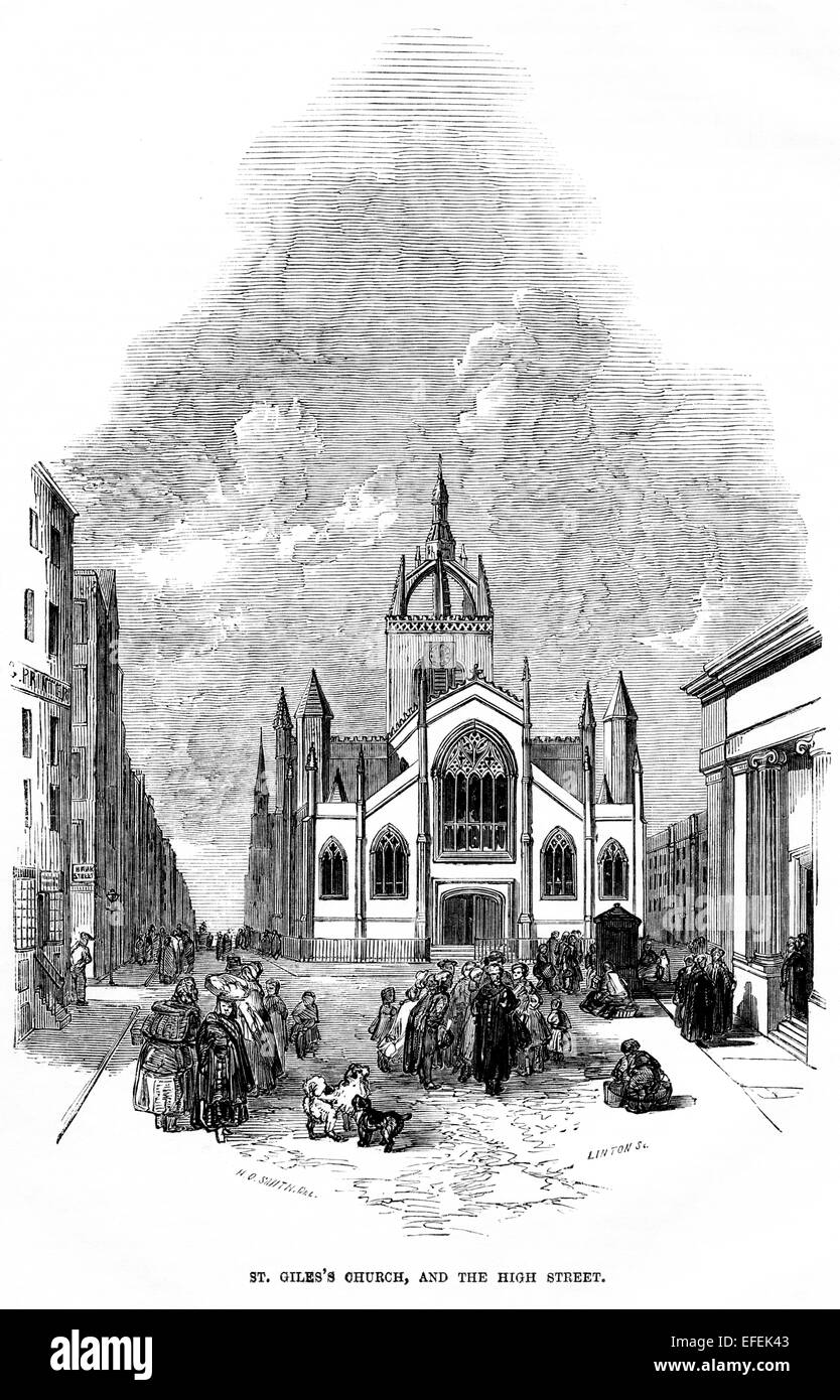 Eine Gravur der Edinburgh - St. Giles Kirche und der High Street in hoher Auflösung aus einem Buch gescannt gedruckt im Jahre 1850. Stockfoto