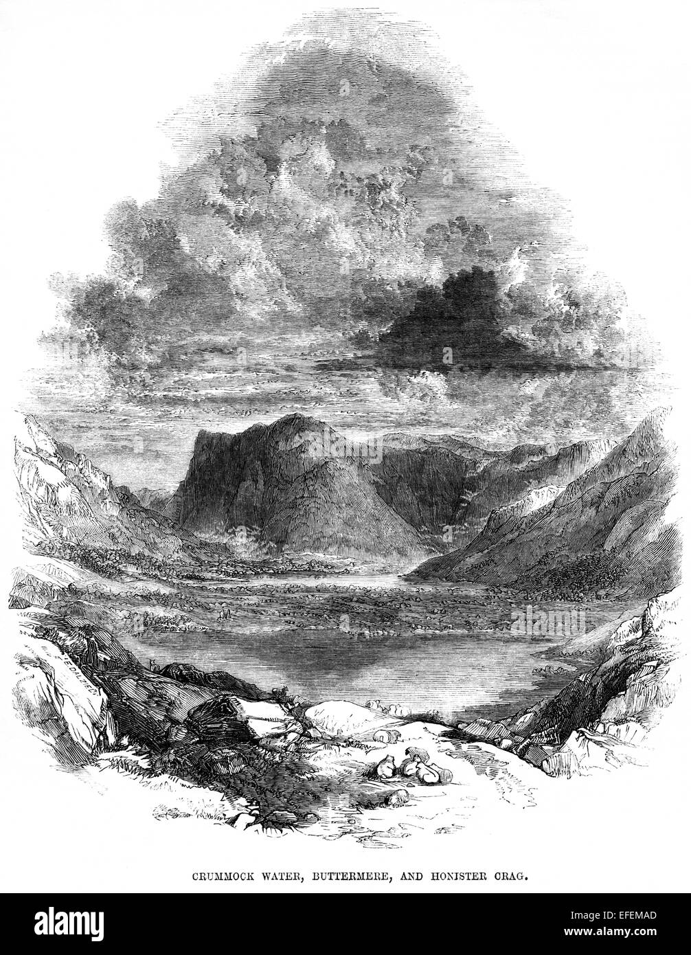 Eine Gravur von Crummock Water, Buttermere und Honister Crag, die in hoher Auflösung von einem Buch aus dem Jahr 1850 gescannt wurde. Für urheberrechtlich frei gehalten. Stockfoto