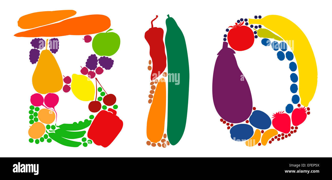 BIO geschrieben mit bunten Obst und Gemüse. Stockfoto