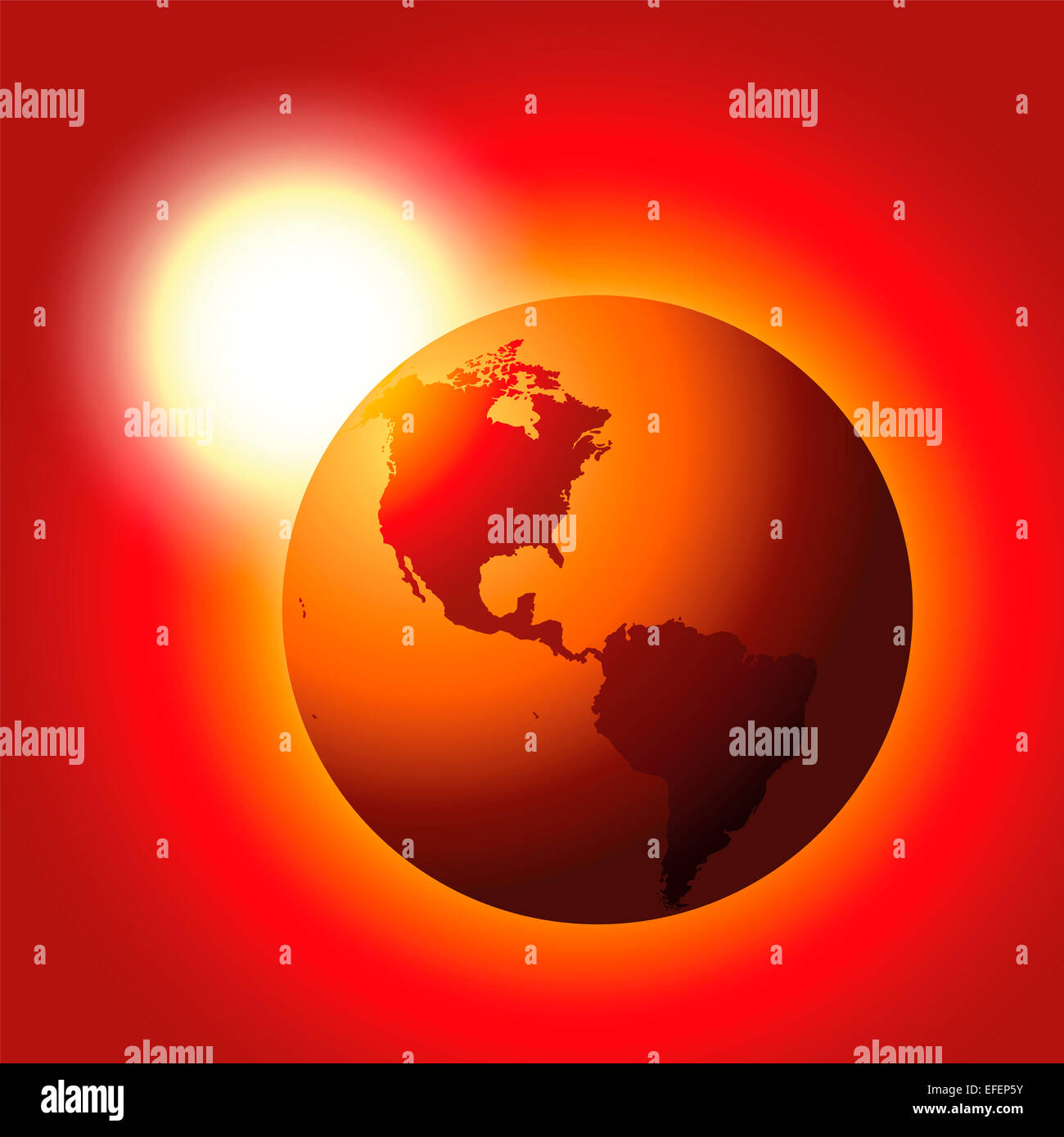 Rot glühende Planeten Erde mit Heizung weiße Sonne im Hintergrund - Symbol für die globale Erwärmung. Stockfoto