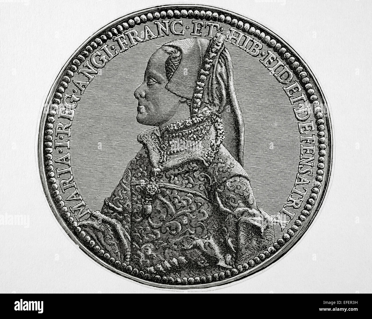 Maria i. von England (1516-1558). Königin von England und Irland. Porträt. Gravur in "Historia Universal", 1883. Stockfoto