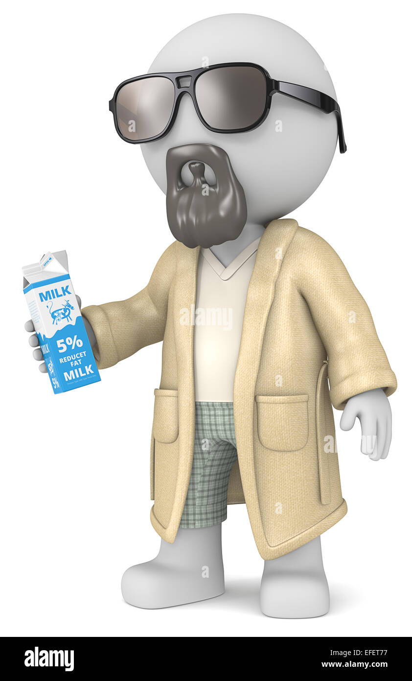Der Dude 3D-Charakter hält eine Milchtüte. Stockfoto