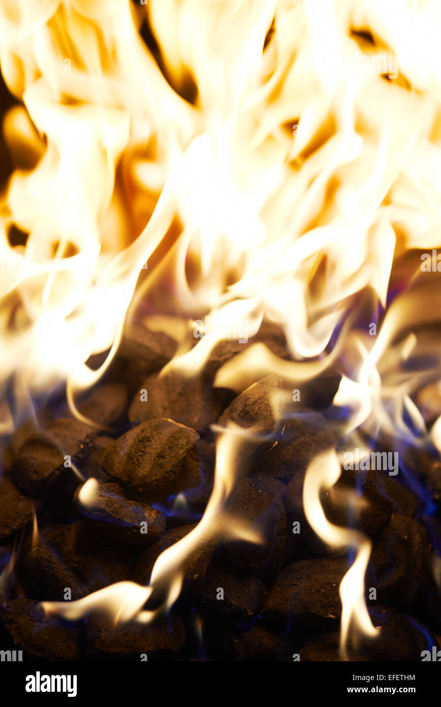 Grill mit Kohlen auf Feuer mit Flammen. Nahaufnahme Schuss Stockfoto