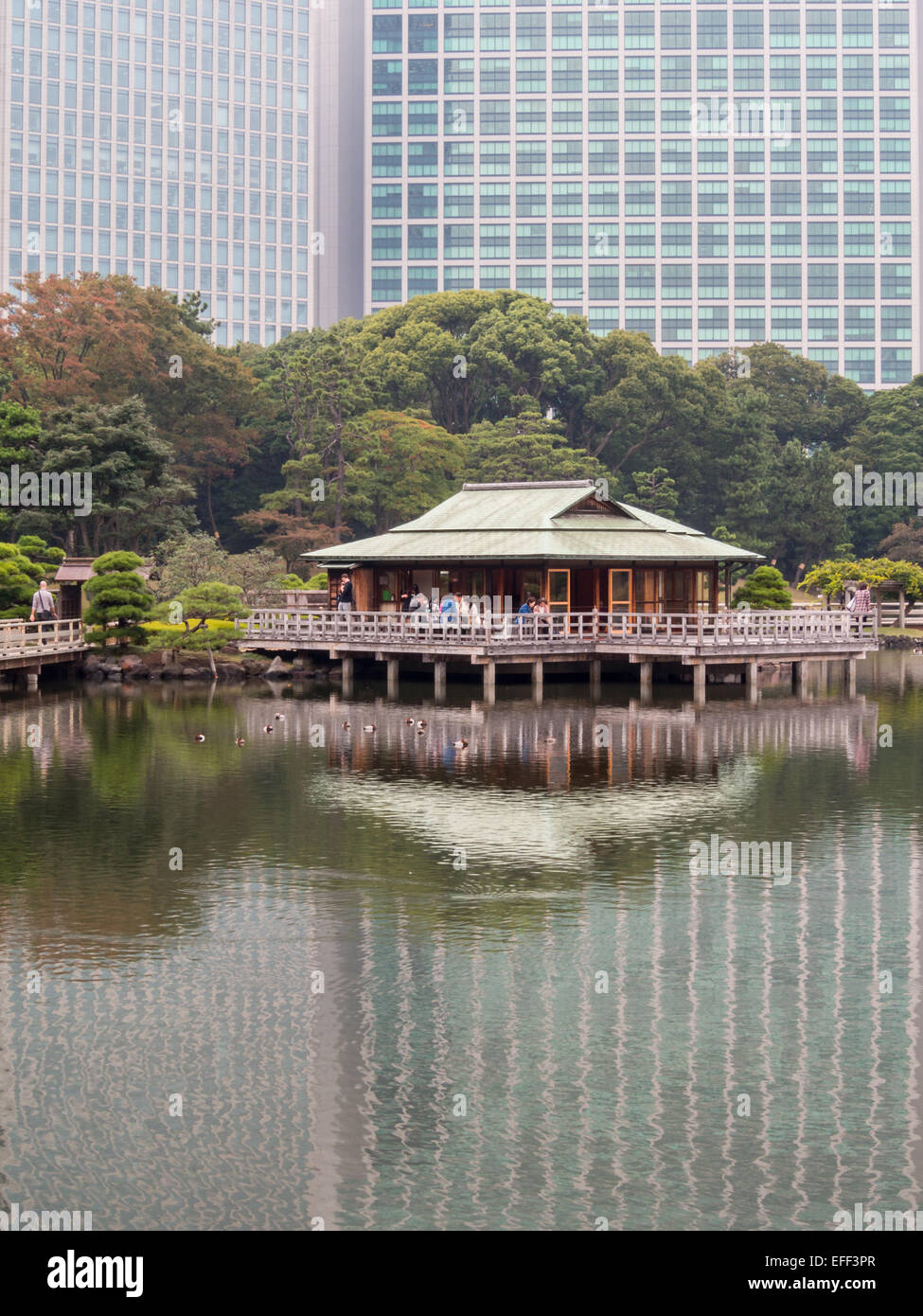 Hama-Rikyu Onshi-Teien Teehaus mit Wolkenkratzern im Hintergrund spiegelt sich im Wasser Stockfoto
