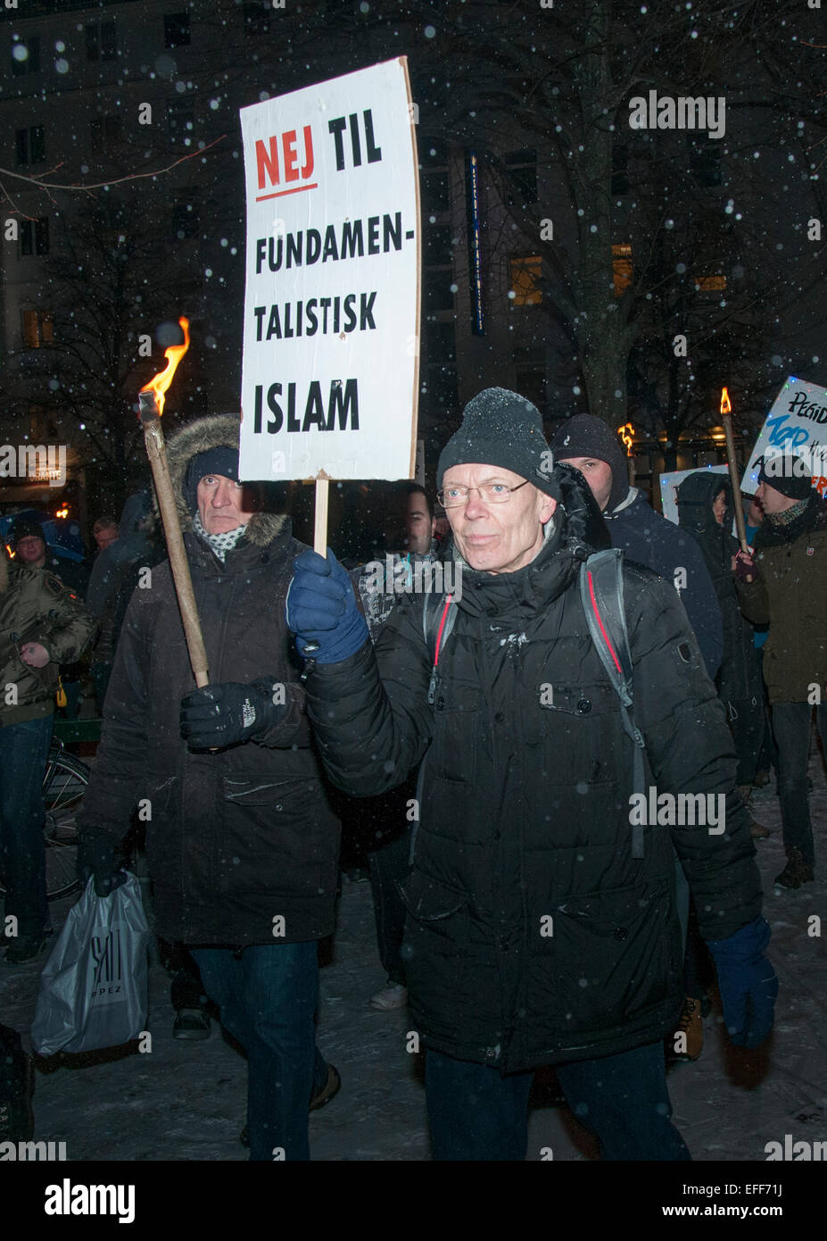 Dänische Aktivisten schwangen Fackeln gingen auf die Straßen von Kopenhagen am 2. Februar 2015 marschieren gegen den radikalen Islam. Stockfoto