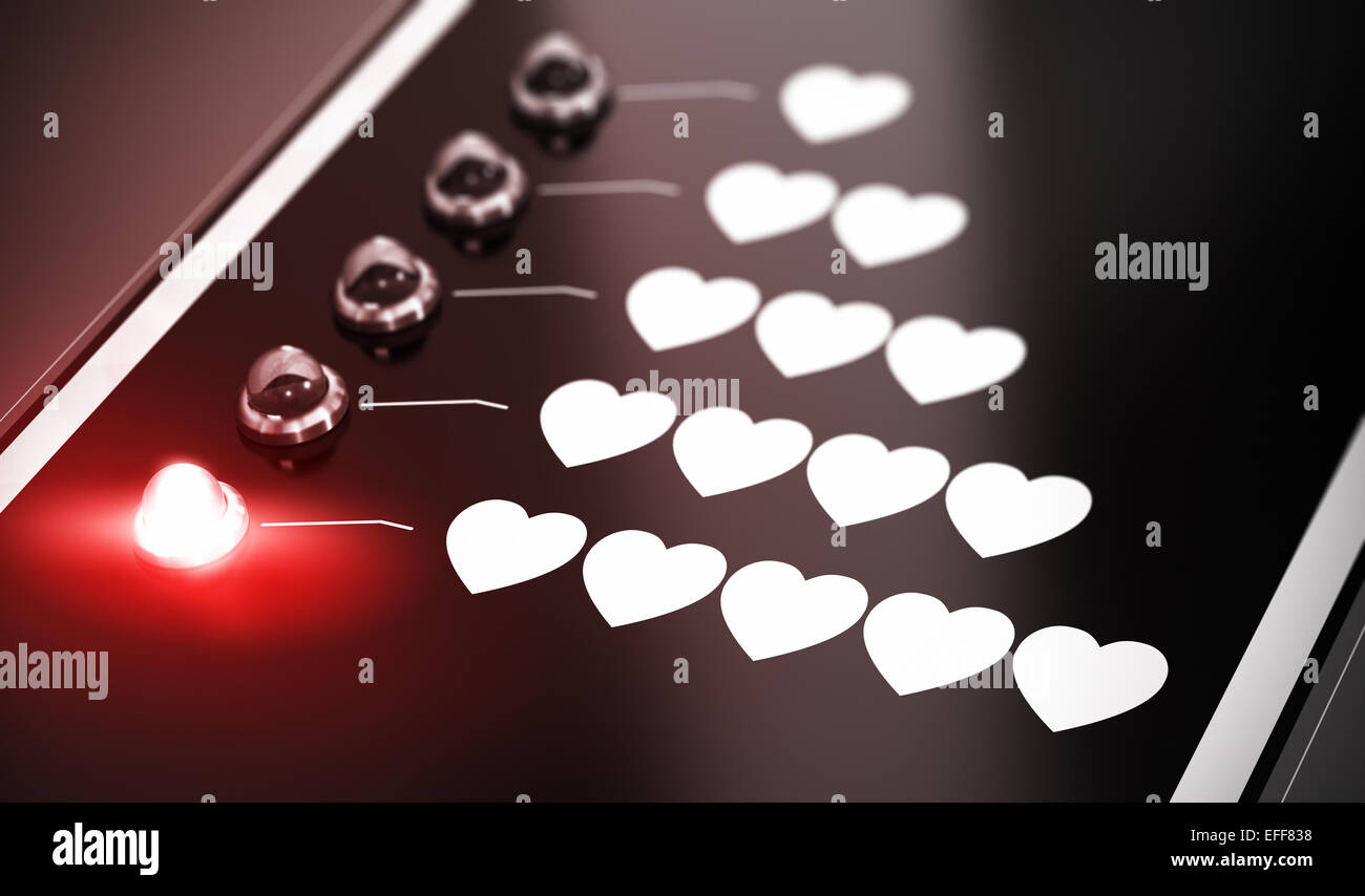 Illustration der Liebe Kompatibilität über schwarzer Hintergrund mit Rotlicht und Unschärfe-Effekt. Zufriedenheit oder Liebe Konzept. Stockfoto