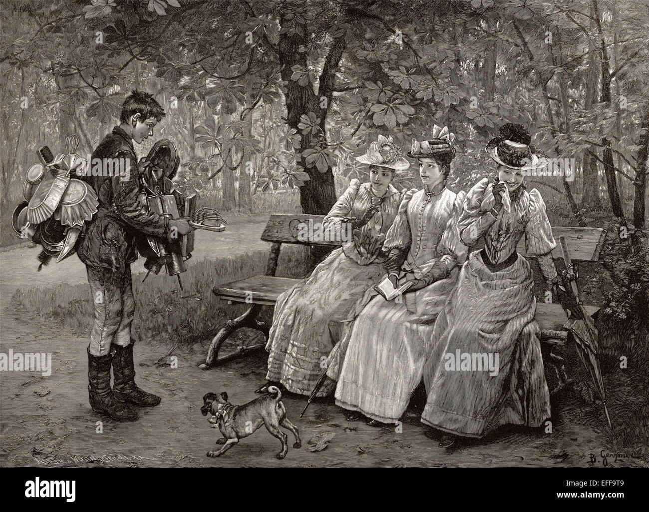 Eine Hausierer anbietet seine waren, drei Damen, c. 1895 nach Genzmer, Stockfoto
