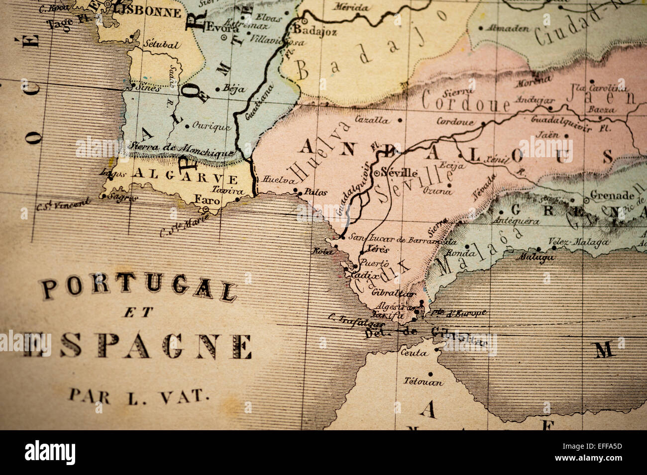 Antike französische Landkarte von Nouvel Atlas Classique c: 1869. Selektiven Fokus auf Spanien und Portugal und Gibraltar. Stockfoto
