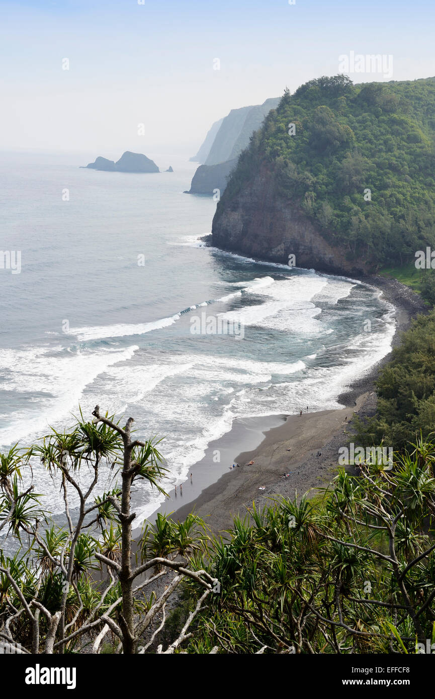 USA, Hawaii, Big Island, Blick vom Pololu Valley an der Bucht mit schwarzem Sandstrand Stockfoto