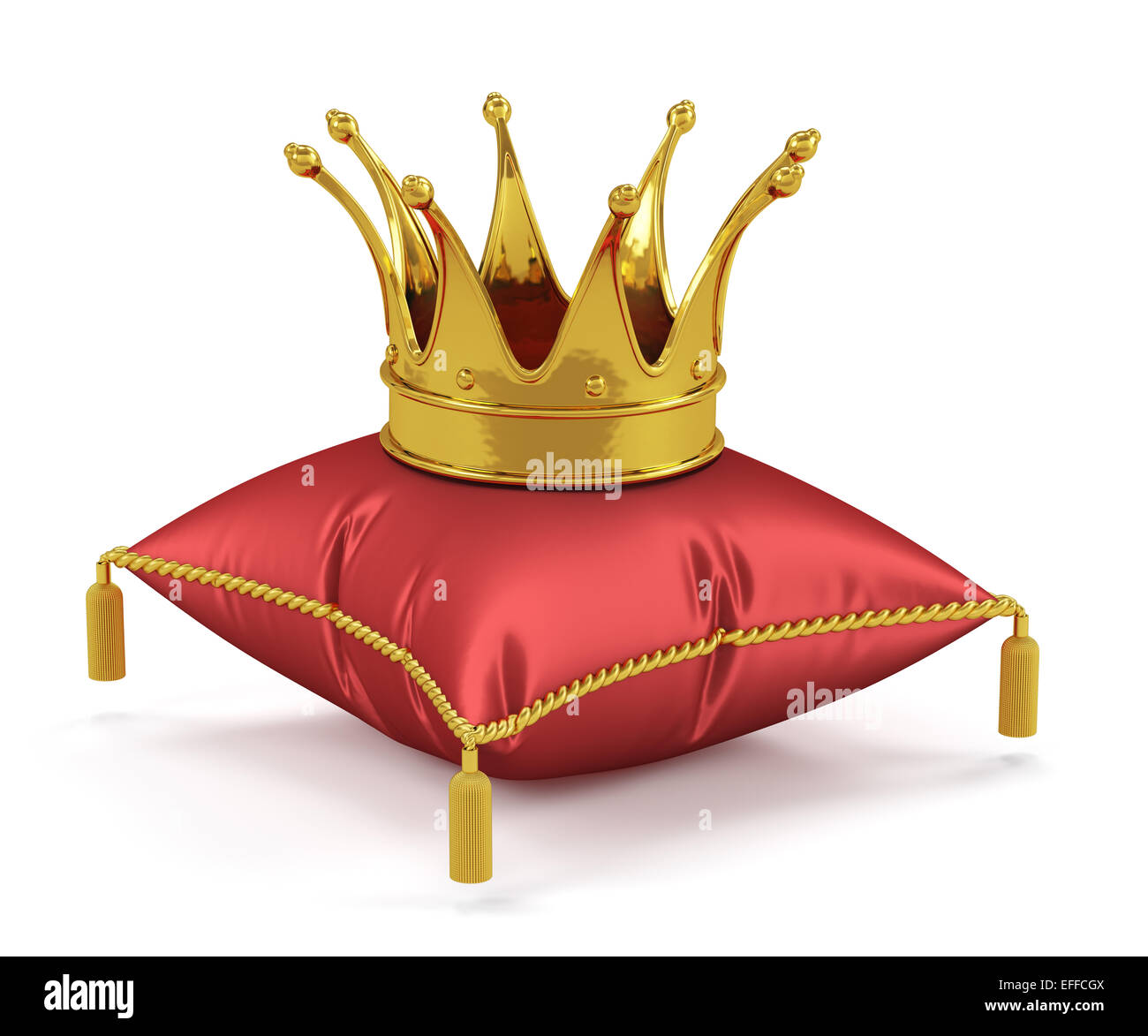 3D Render des goldenen Königs Krone auf dem roten Kissen Stockfoto