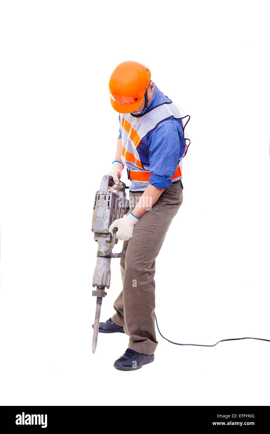 Arbeiter mit pneumatischen Hammer Bohrer Ausrüstung isoliert auf weiss Stockfoto