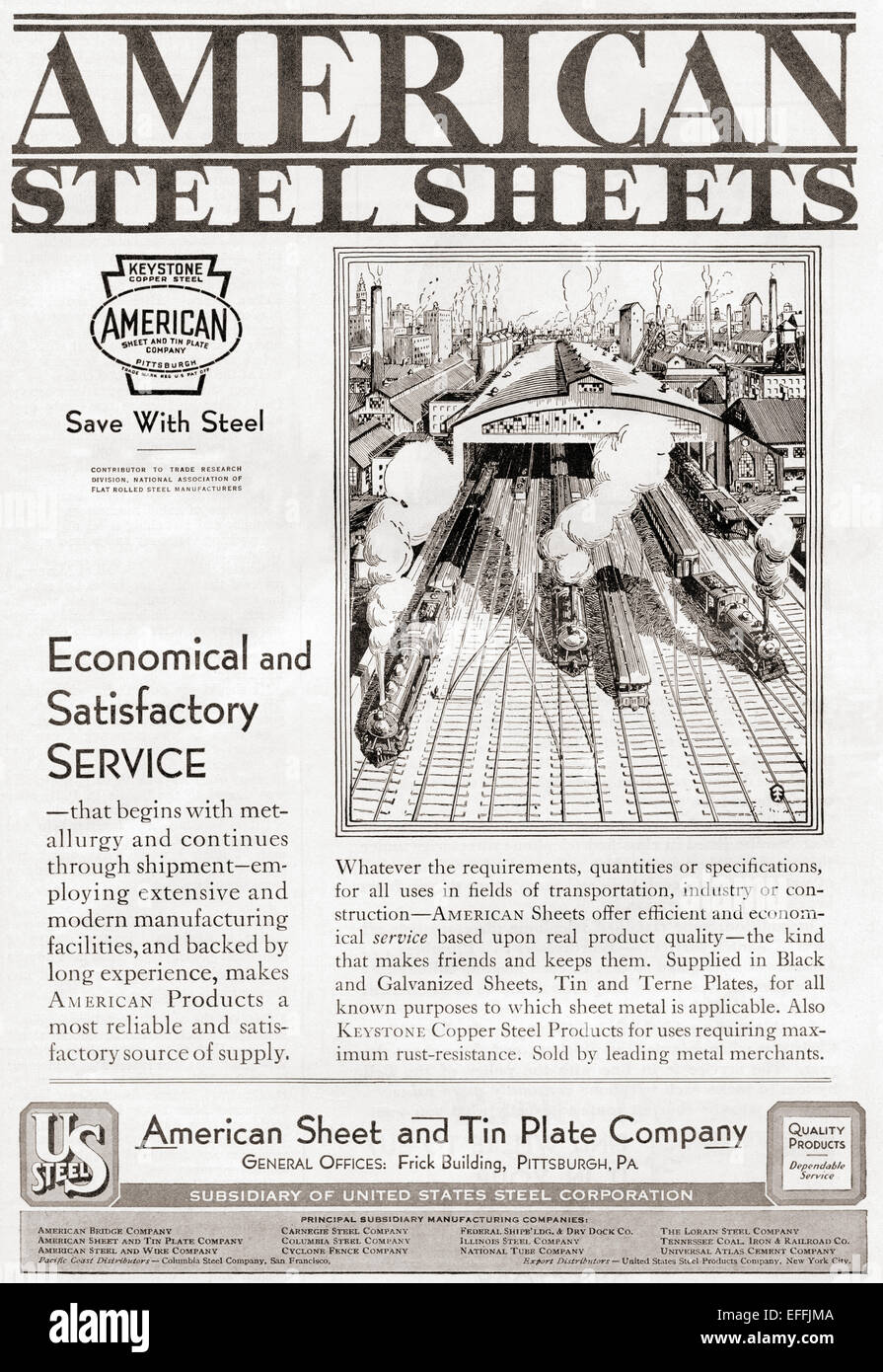 1930er Jahren Werbung für American Steel Sheets von The American Blatt und Weißblech Company. Stockfoto