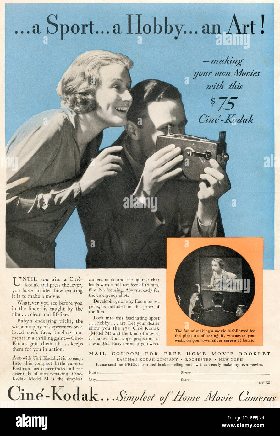 1930er Jahren amerikanische Werbung für das Ciné-Kodak Home Movie Kamera. Stockfoto