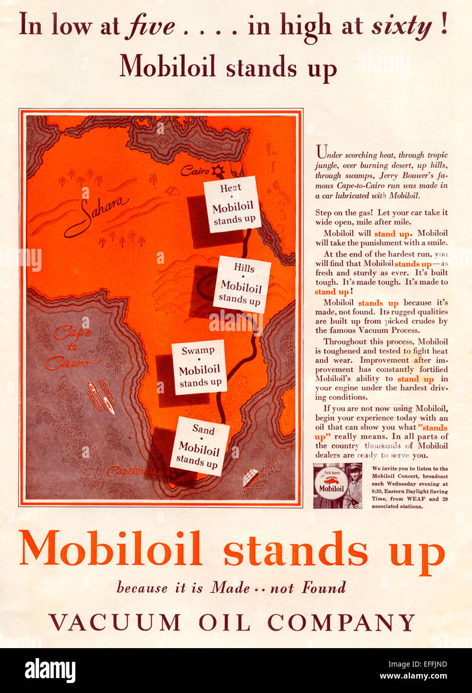 1930er Jahren amerikanische Werbung für die Mobiloil Vacuum Oil Company. Stockfoto