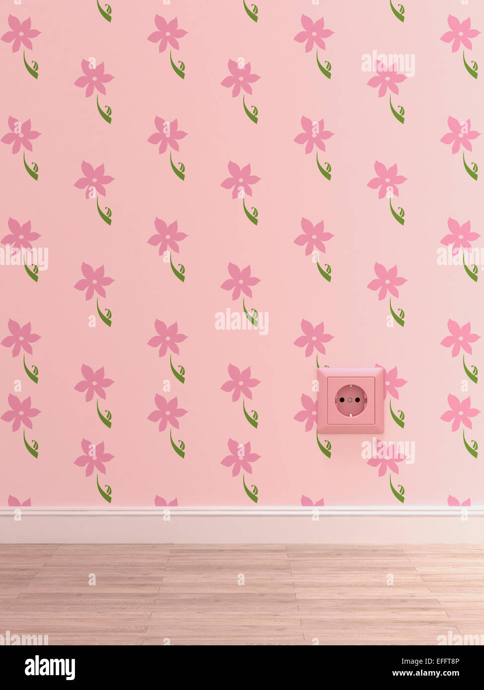 Rosa Buchse auf rosa Tapete mit floralen Design, 3D Rendering Stockfoto