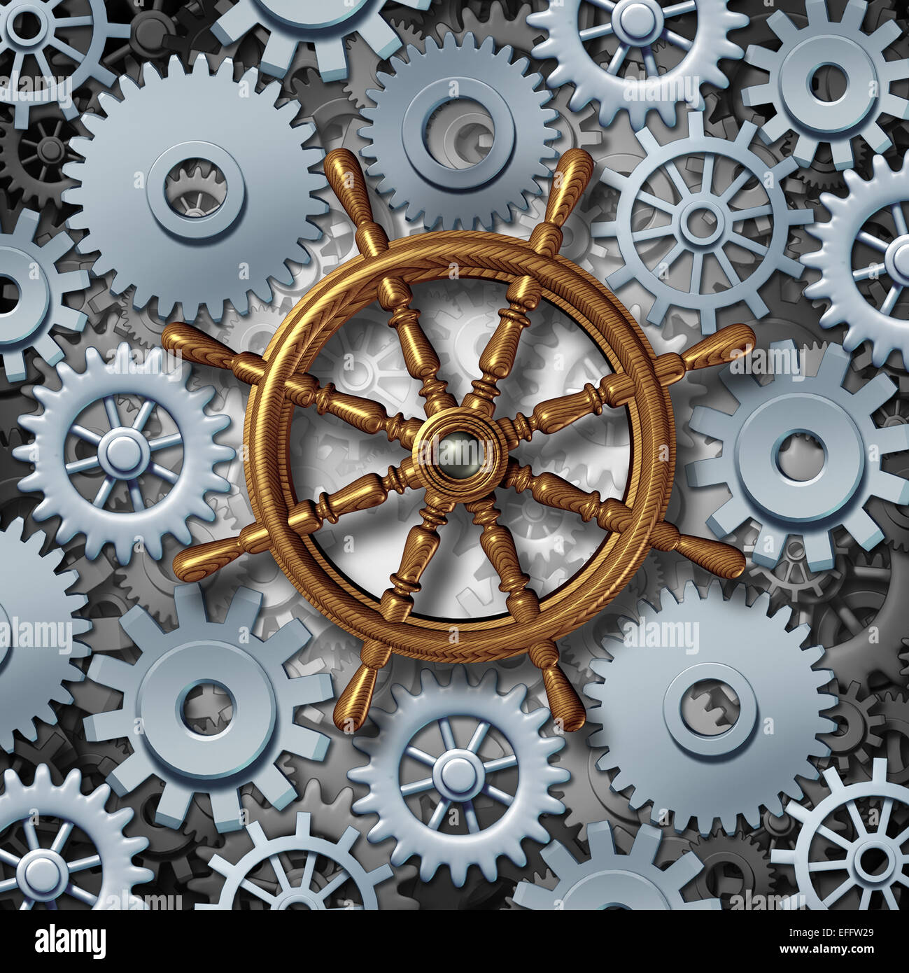 Business Navigation-Konzept als marine Boot Lenkrad mit Getriebe und Zahnräder als Metapher für die finanzielle Unternehmensführung und Karriererichtung verbunden. Stockfoto