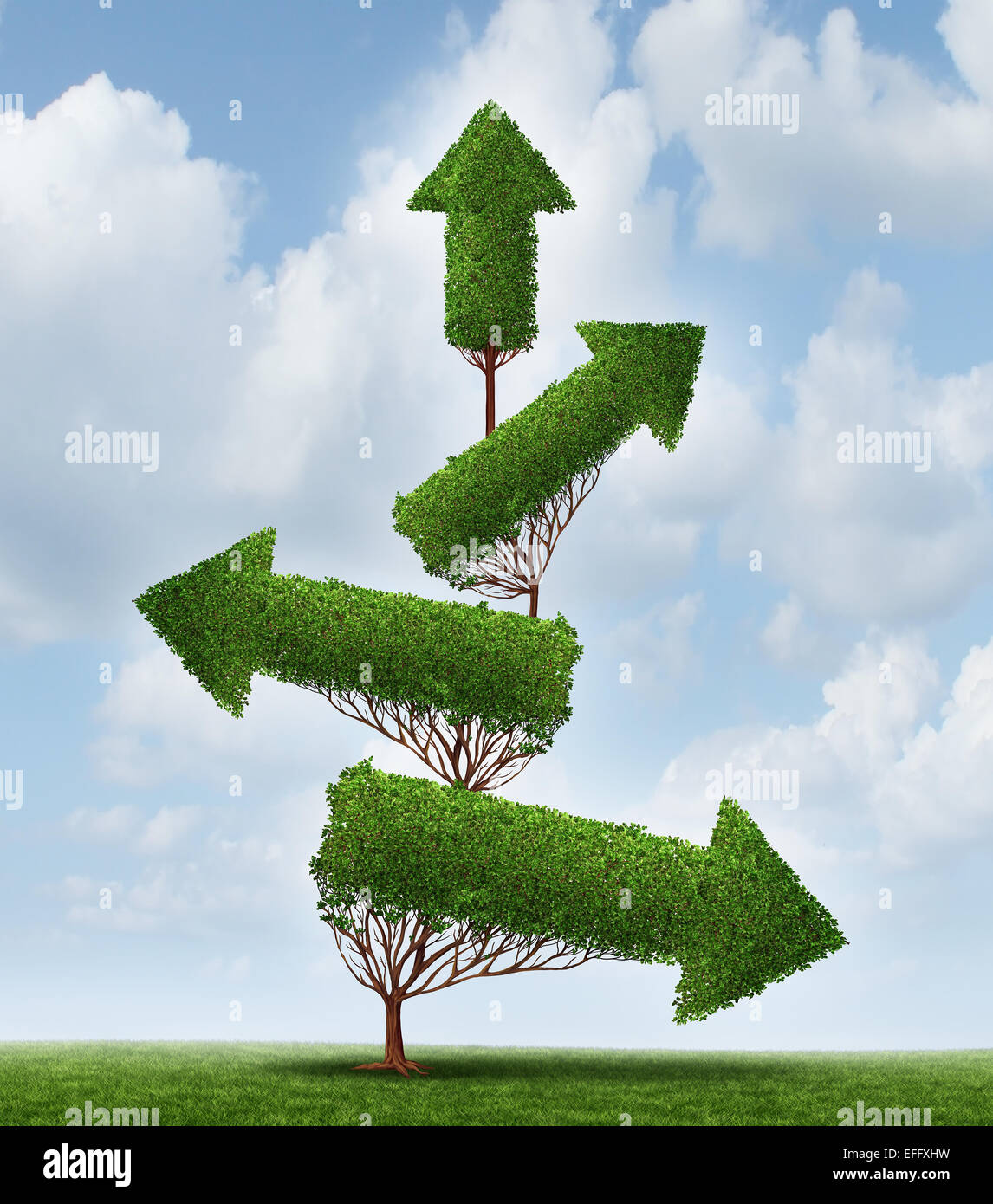 Erholung und Erfolg Geschäftskonzept als Baum Pfeil zeigt nach unten allmählich erholt, mit nach oben zeigenden Zweige als Symbol für die finanzielle und wirtschaftliche Leistung. Stockfoto