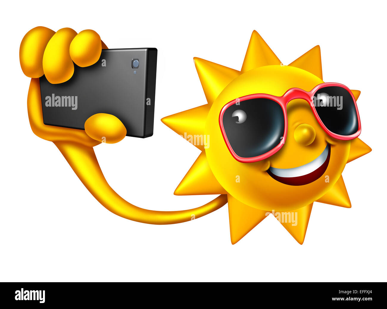 Sommer Selfie social-Media-Konzept als glücklich Sonne Charakter hält eine Smartphone ein Portrait Foto Freunde zu aktuellen persönlichen Lifestyle Nachrichten aktualisieren. Stockfoto