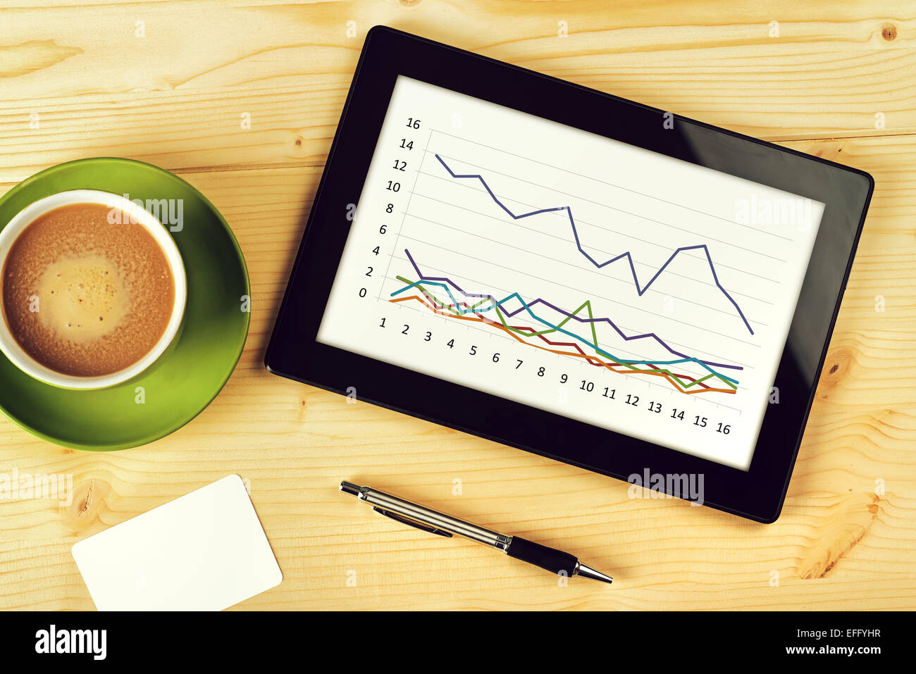 Business-Chart-Analyse, finanzielle Graph auf digitale Tablet Computer Touchscreen am Bürotisch Stockfoto