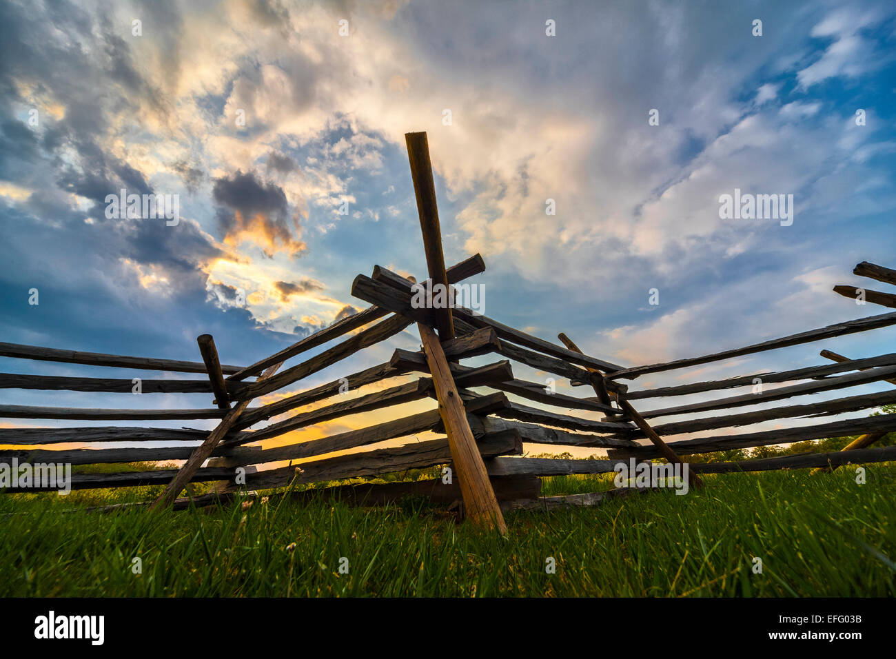 Scherengitter oder Schlange Zaun ein Split Zaun auf Bürgerkrieg Schlachtfeld in Oak Hill, Oak Ridge, Gettysburg National Military Park Stockfoto