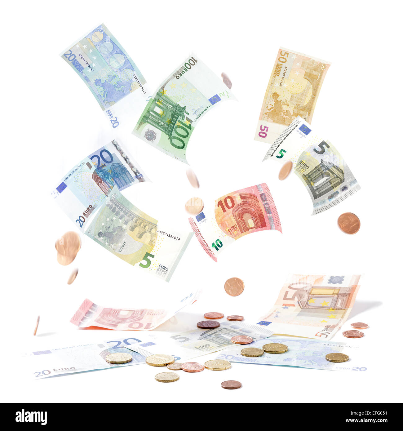 fallende Euro-Banknoten und-Münzen Stockfoto