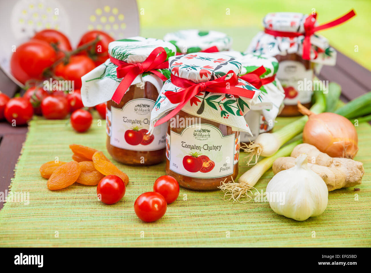Gläser mit Tomaten Chutney und Dekoration im Garten Stockfoto